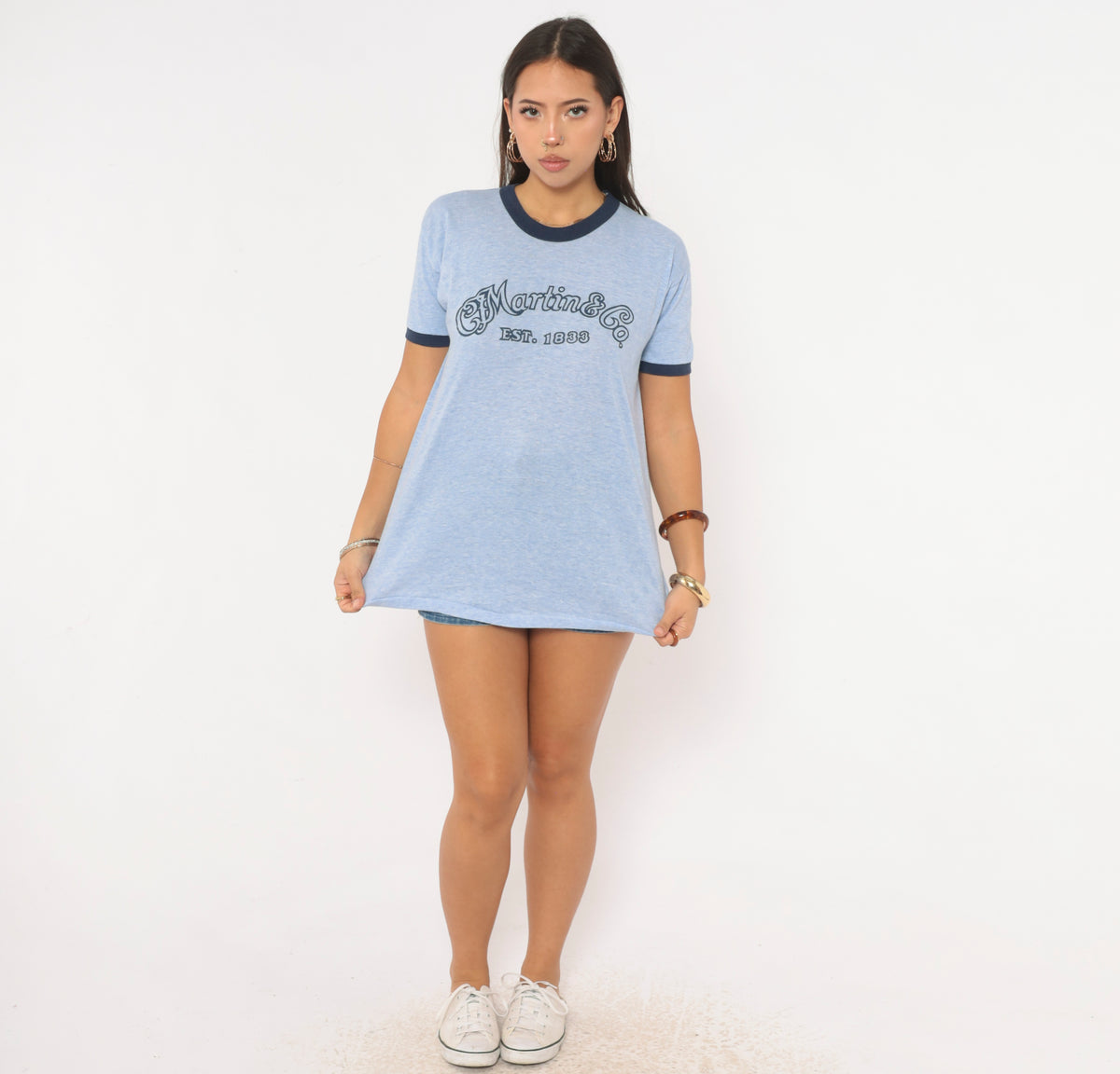 80s Ringer Tee Martin Guitar Graphic T Shirt Light Blue Heather Navy Trim Short Sleeve Crew Neck Music Logo Tee Thunderbird Boxy Loose Fit Unisex Vintage Large L