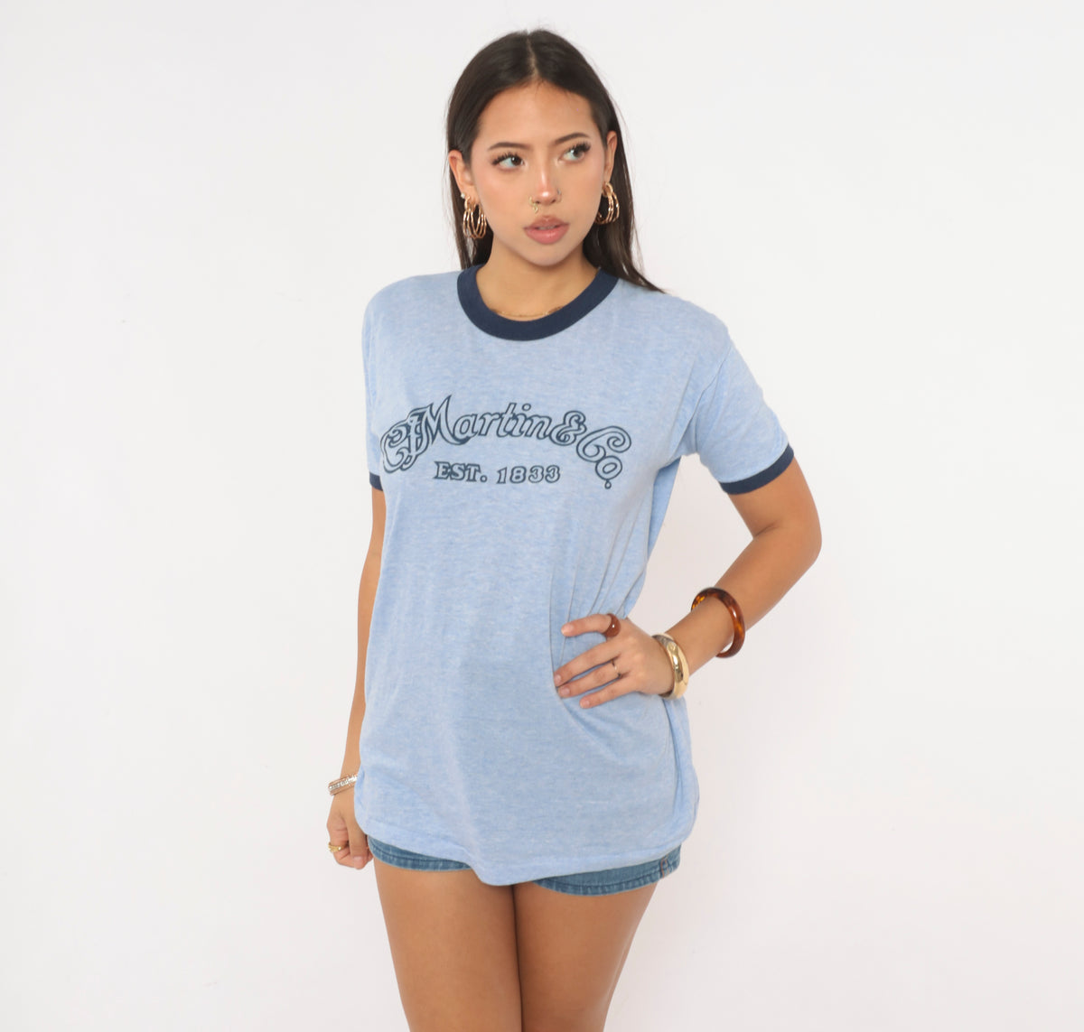 80s Ringer Tee Martin Guitar Graphic T Shirt Light Blue Heather Navy Trim Short Sleeve Crew Neck Music Logo Tee Thunderbird Boxy Loose Fit Unisex Vintage Large L
