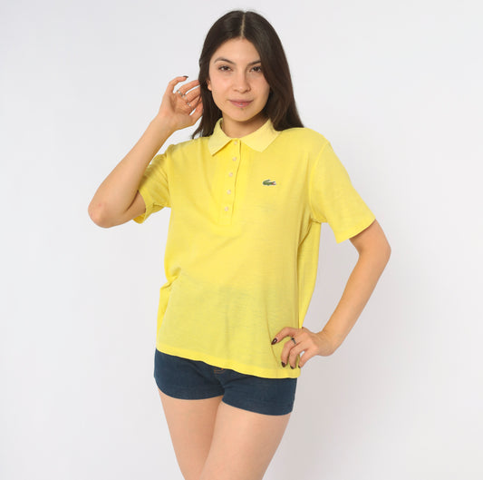 80s Lacoste Yellow Polo Shirt Butter Pique Knit Short Sleeve Collared Top Lemon Preppy Collegiate Boxy Golf Tennis Pullover Alligator Logo Buttons Summer Vintage Large L