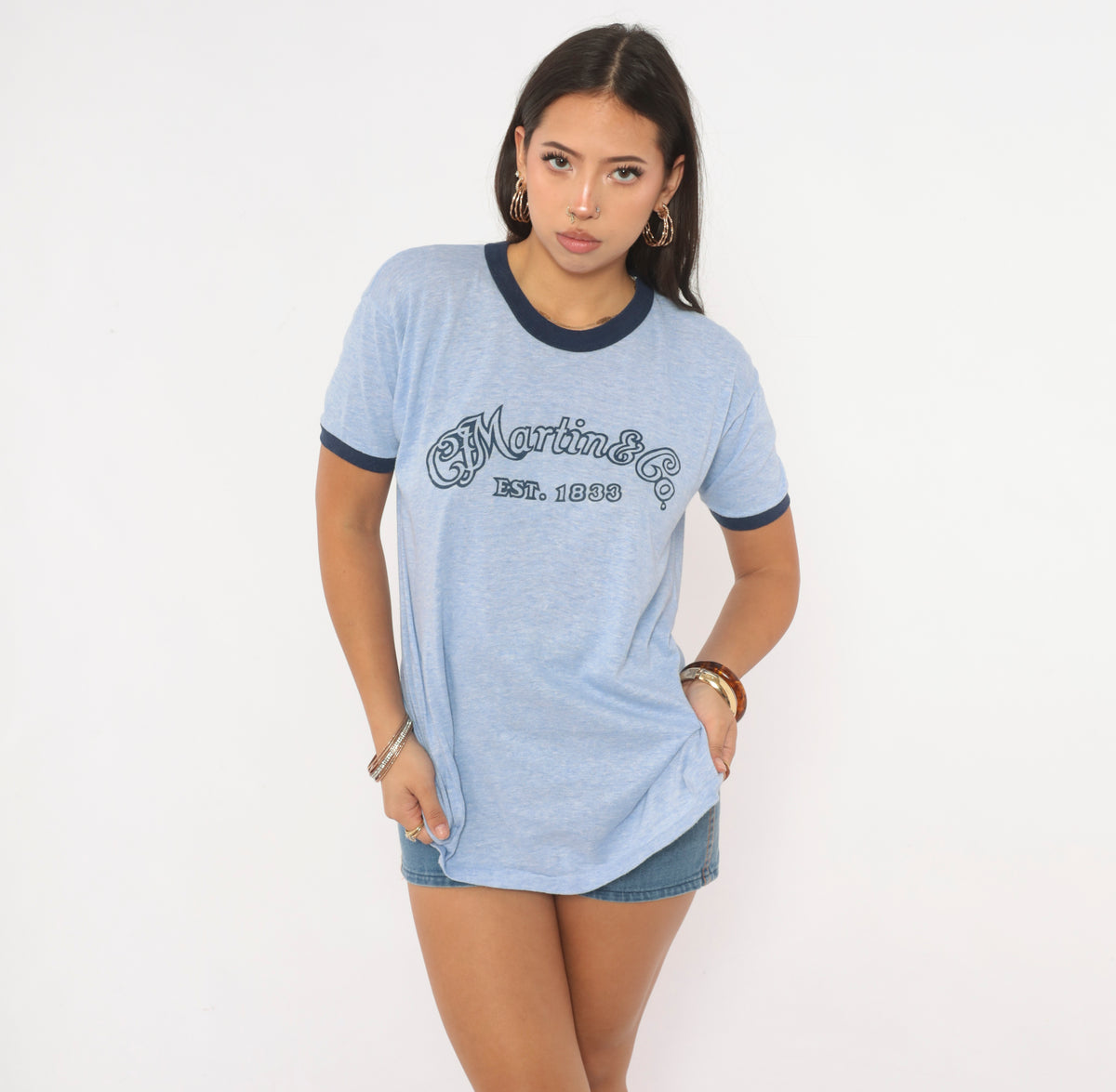 80s Ringer Tee Martin Guitar Graphic T Shirt Light Blue Heather Navy Trim Short Sleeve Crew Neck Music Logo Tee Thunderbird Boxy Loose Fit Unisex Vintage Large L