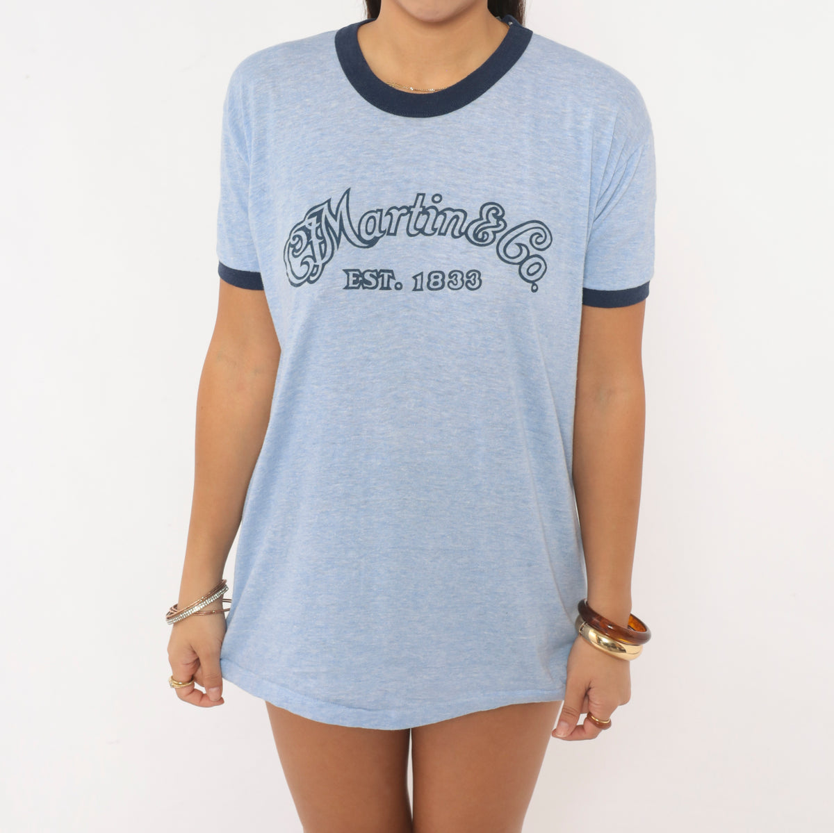 80s Ringer Tee Martin Guitar Graphic T Shirt Light Blue Heather Navy Trim Short Sleeve Crew Neck Music Logo Tee Thunderbird Boxy Loose Fit Unisex Vintage Large L