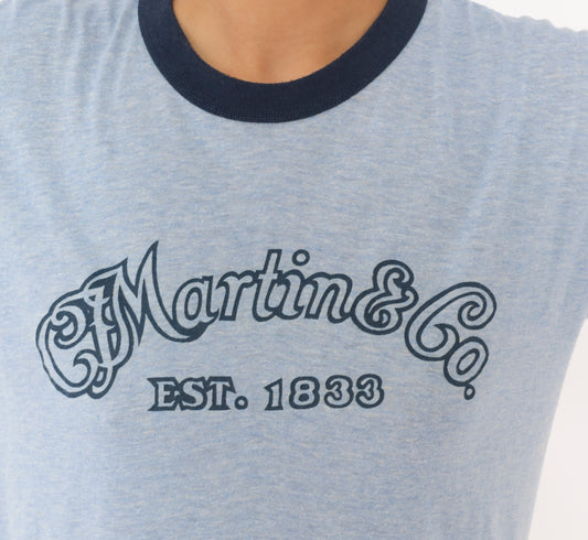 80s Ringer Tee Martin Guitar Graphic T Shirt Light Blue Heather Navy Trim Short Sleeve Crew Neck Music Logo Tee Thunderbird Boxy Loose Fit Unisex Vintage Large L