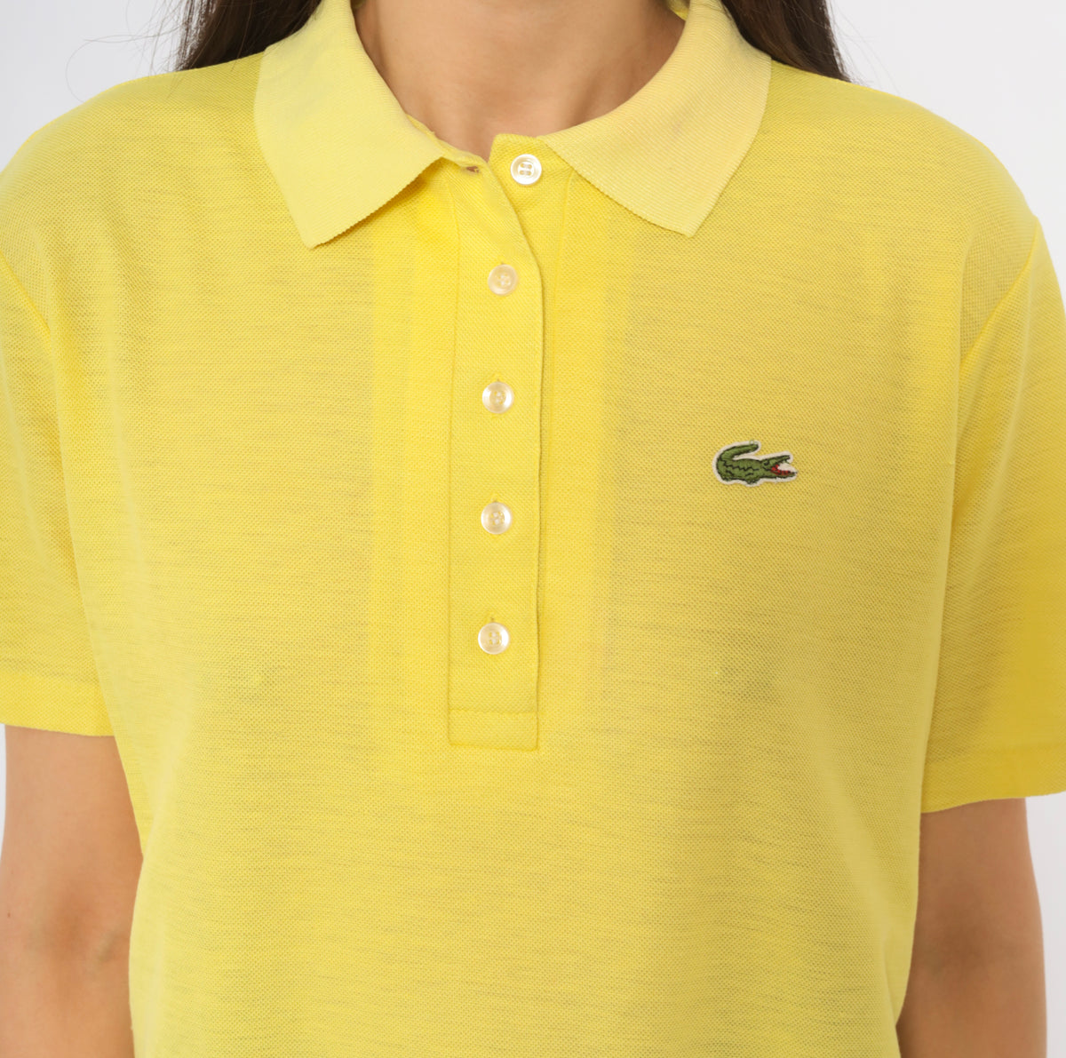 80s Lacoste Yellow Polo Shirt Butter Pique Knit Short Sleeve Collared Top Lemon Preppy Collegiate Boxy Golf Tennis Pullover Alligator Logo Buttons Summer Vintage Large L