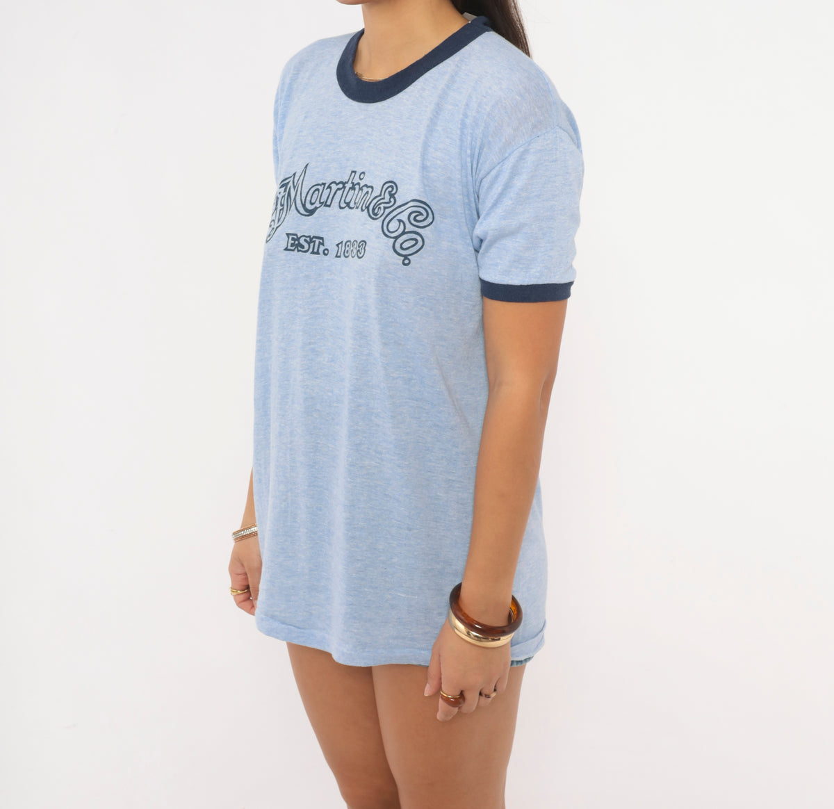 80s Ringer Tee Martin Guitar Graphic T Shirt Light Blue Heather Navy Trim Short Sleeve Crew Neck Music Logo Tee Thunderbird Boxy Loose Fit Unisex Vintage Large L