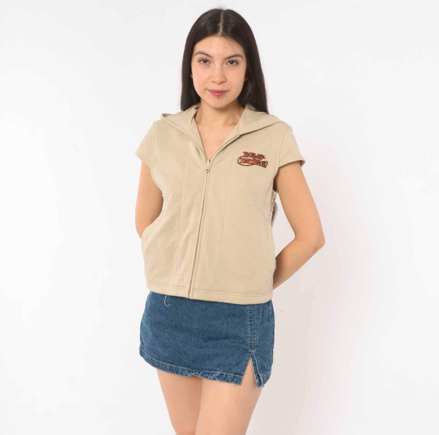 Harley Davidson Hoodie Vest 2000s Sleeveless Sweatshirt Cream Tan Cap Sleeve Hooded Top Y2K Biker Motorcycle Cropped Beige Vintage Small S