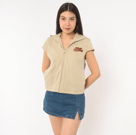 Harley Davidson Hoodie Vest 2000s Sleeveless Sweatshirt Cream Tan Cap Sleeve Hooded Top Y2K Biker Motorcycle Cropped Beige Vintage Small S