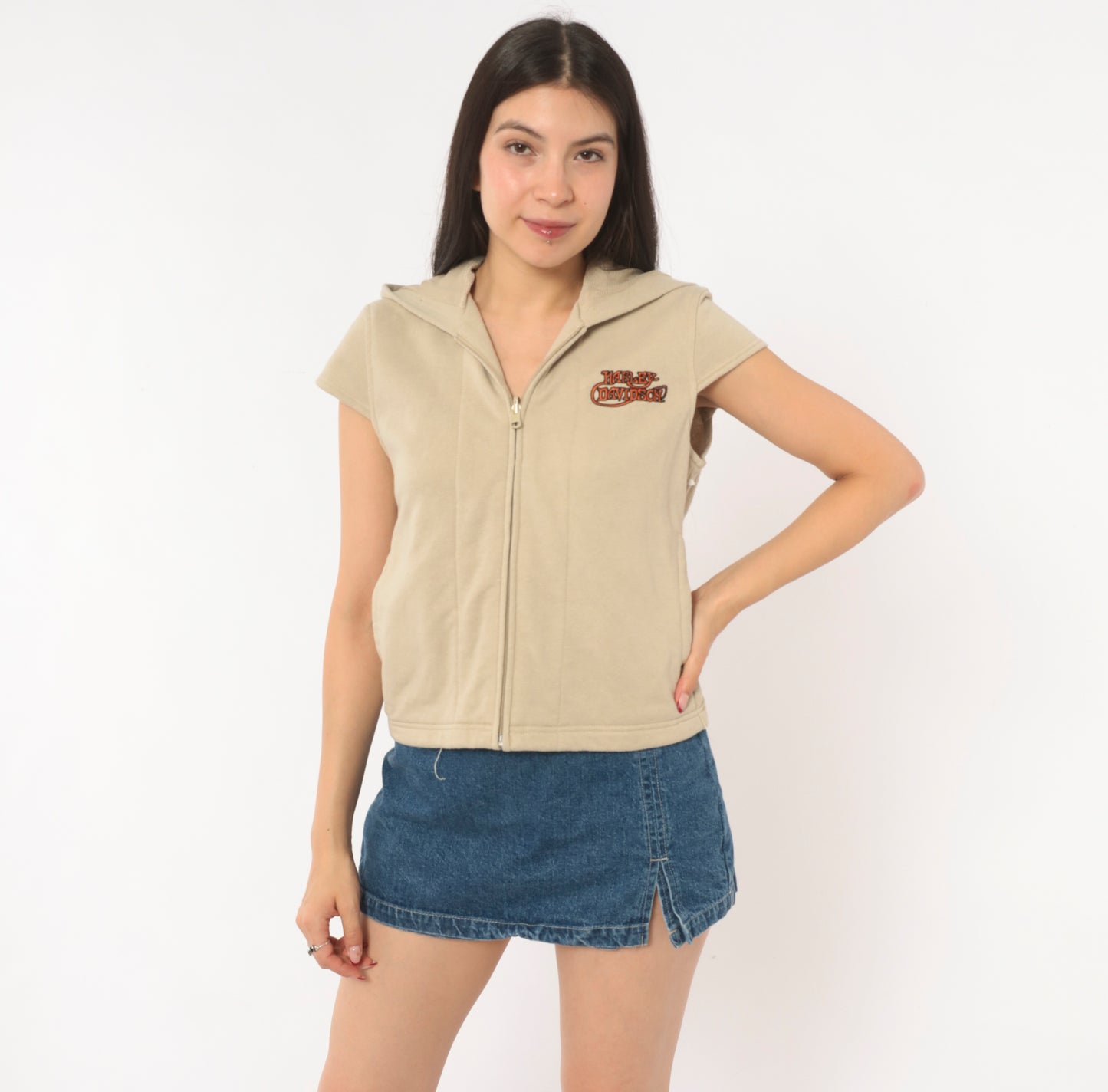 Harley Davidson Hoodie Vest 2000s Sleeveless Sweatshirt Cream Tan Cap Sleeve Hooded Top Y2K Biker Motorcycle Cropped Beige Vintage Small S