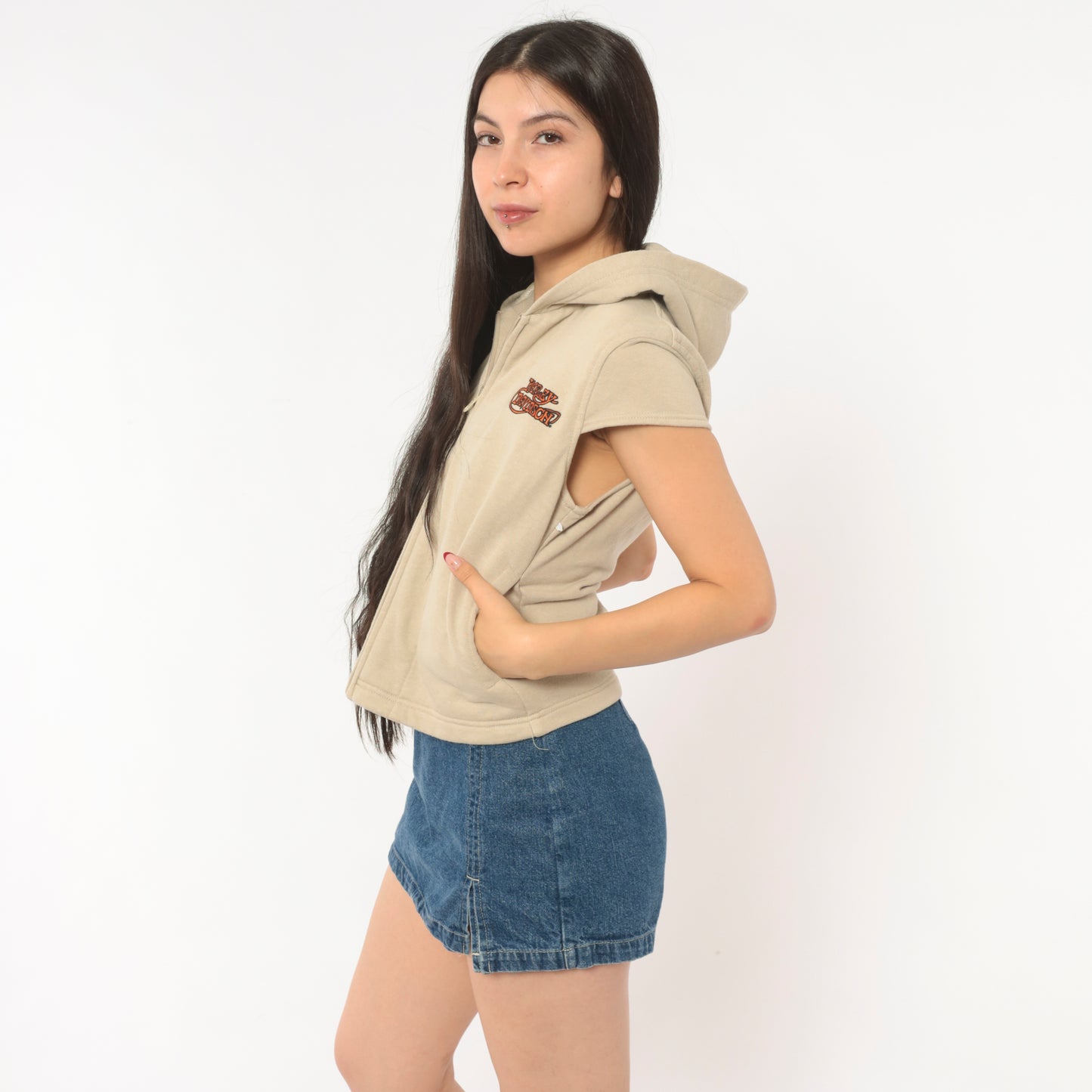 Harley Davidson Hoodie Vest 2000s Sleeveless Sweatshirt Cream Tan Cap Sleeve Hooded Top Y2K Biker Motorcycle Cropped Beige Vintage Small S