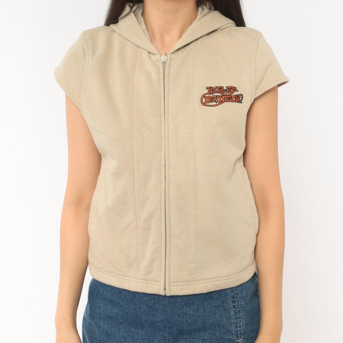 Harley Davidson Hoodie Vest 2000s Sleeveless Sweatshirt Cream Tan Cap Sleeve Hooded Top Y2K Biker Motorcycle Cropped Beige Vintage Small S