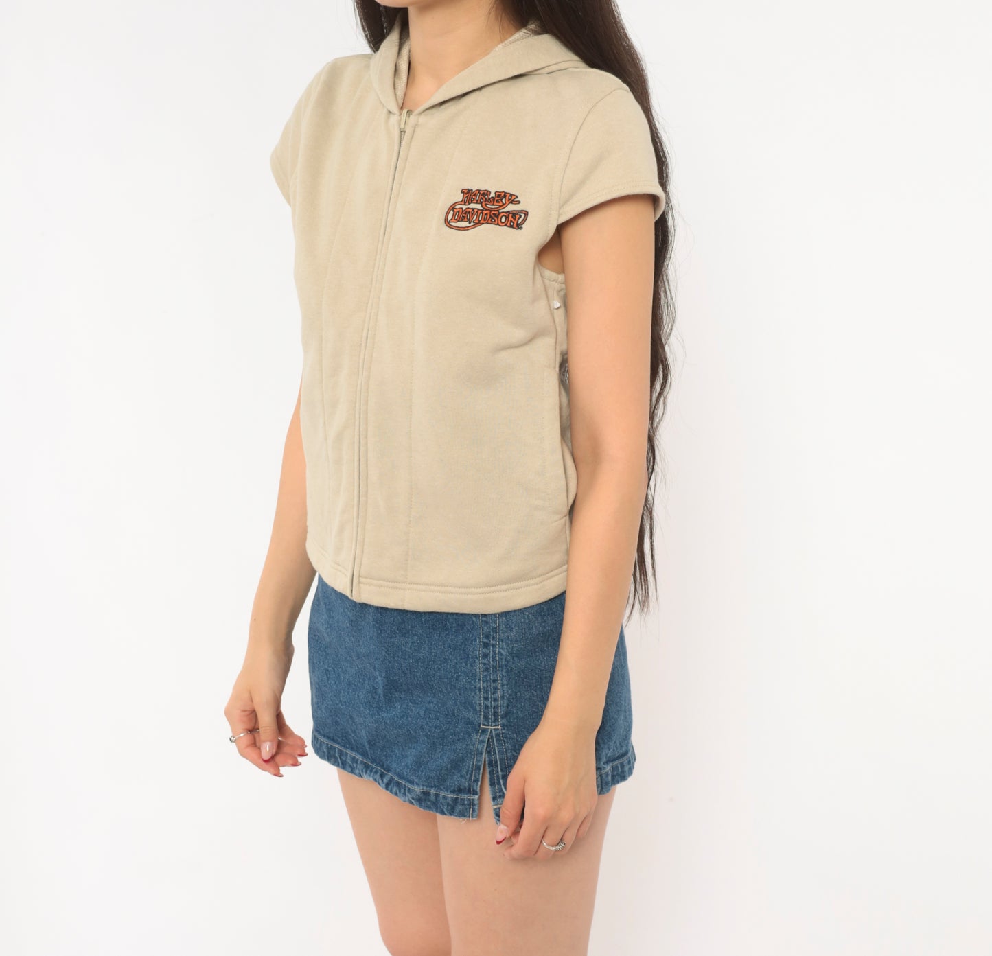 Harley Davidson Hoodie Vest 2000s Sleeveless Sweatshirt Cream Tan Cap Sleeve Hooded Top Y2K Biker Motorcycle Cropped Beige Vintage Small S