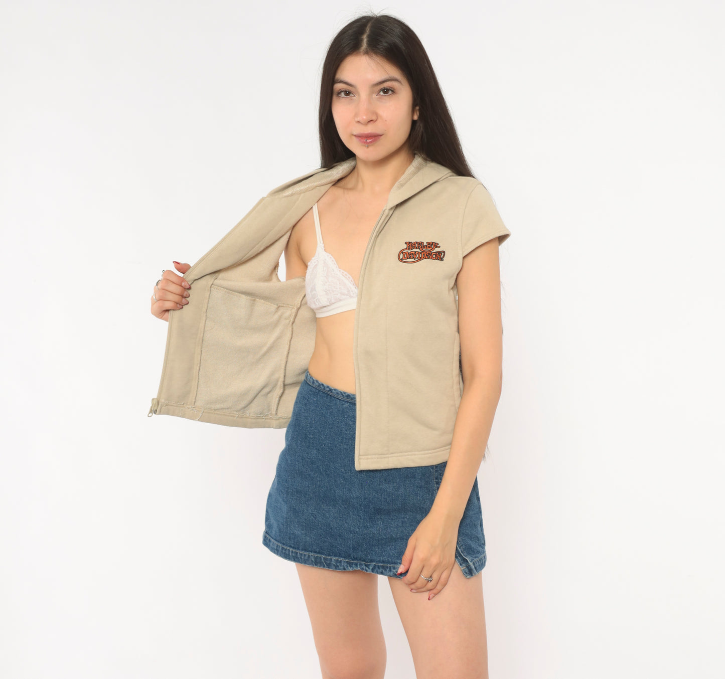 Harley Davidson Hoodie Vest 2000s Sleeveless Sweatshirt Cream Tan Cap Sleeve Hooded Top Y2K Biker Motorcycle Cropped Beige Vintage Small S