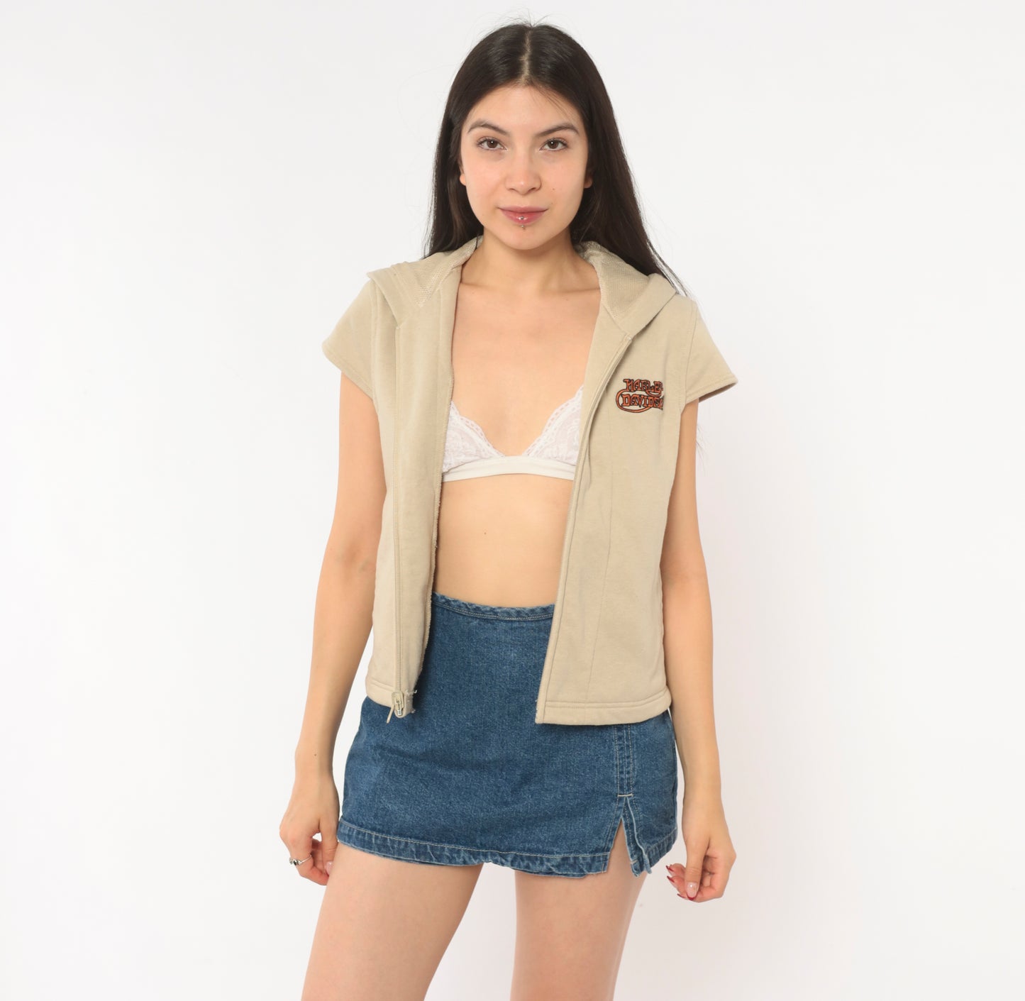 Harley Davidson Hoodie Vest 2000s Sleeveless Sweatshirt Cream Tan Cap Sleeve Hooded Top Y2K Biker Motorcycle Cropped Beige Vintage Small S