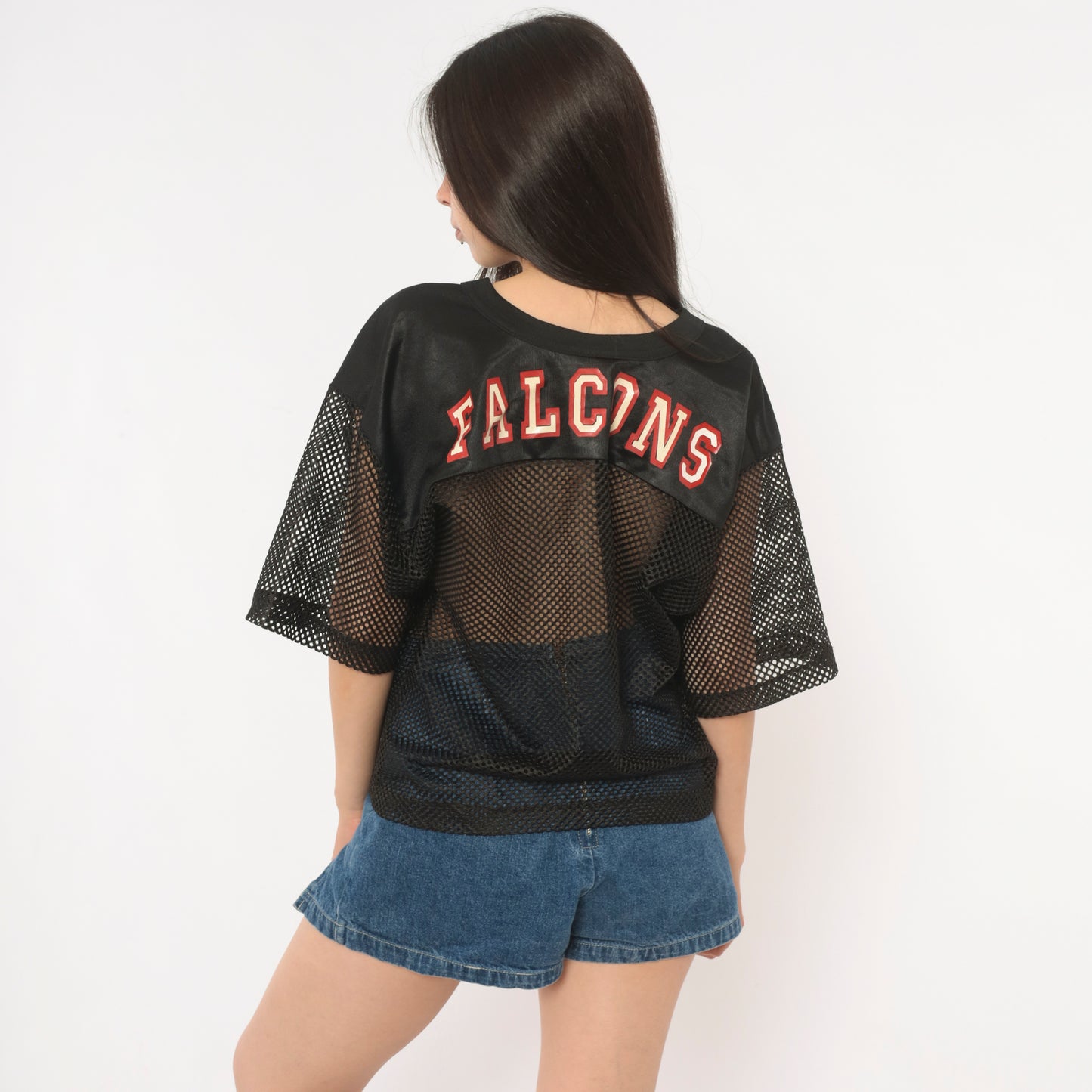 Atlanta Falcons Mesh Jersey 90s NFL Football V Neck Black Sheer Practice Top Cream Red Logo Streetwear Athletic Vintage Sport Shirt Medium M
