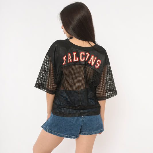 Atlanta Falcons Mesh Jersey 90s NFL Football V Neck Black Sheer Practice Top Cream Red Logo Streetwear Athletic Vintage Sport Shirt Medium M