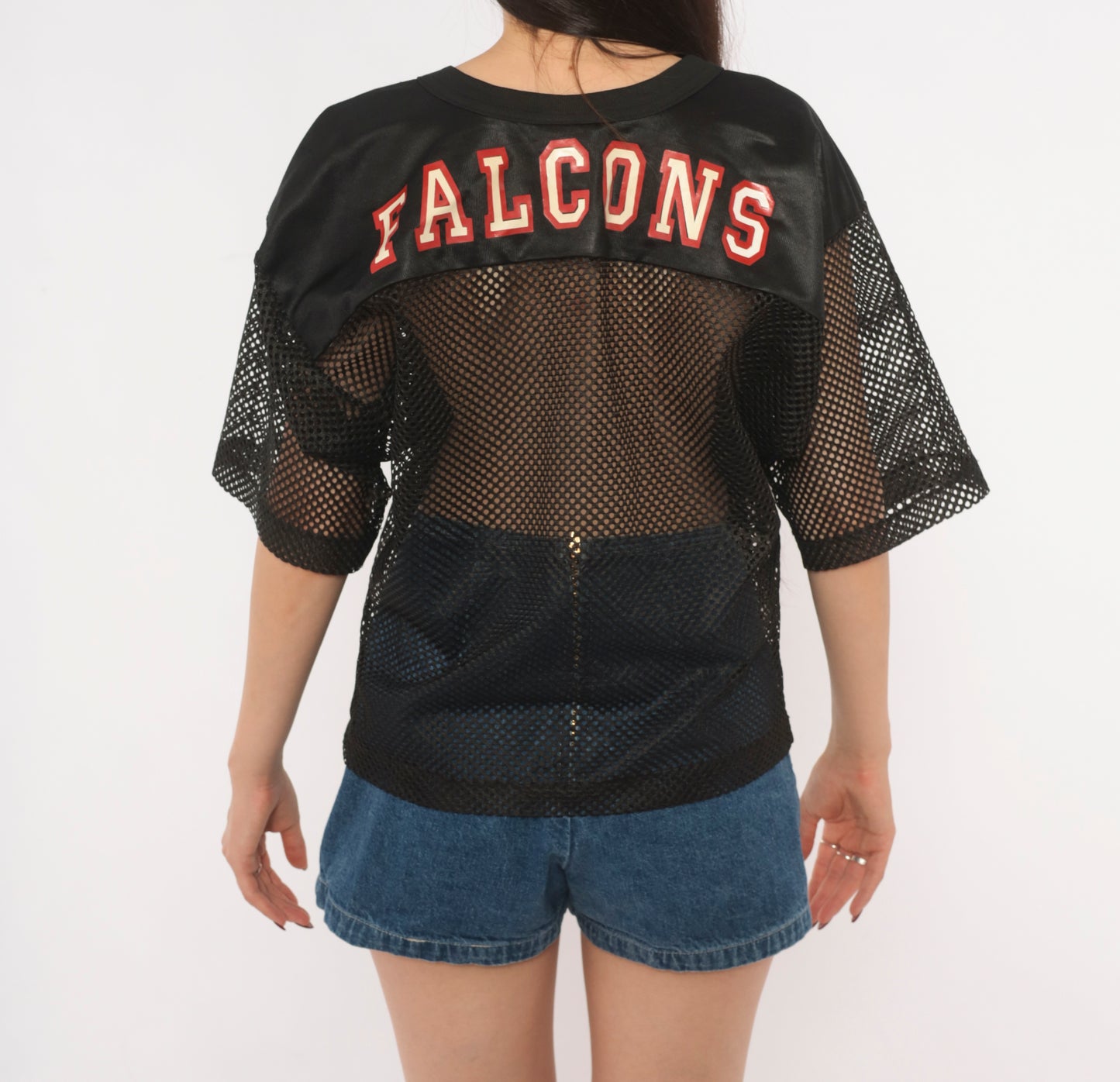 Atlanta Falcons Mesh Jersey 90s NFL Football V Neck Black Sheer Practice Top Cream Red Logo Streetwear Athletic Vintage Sport Shirt Medium M