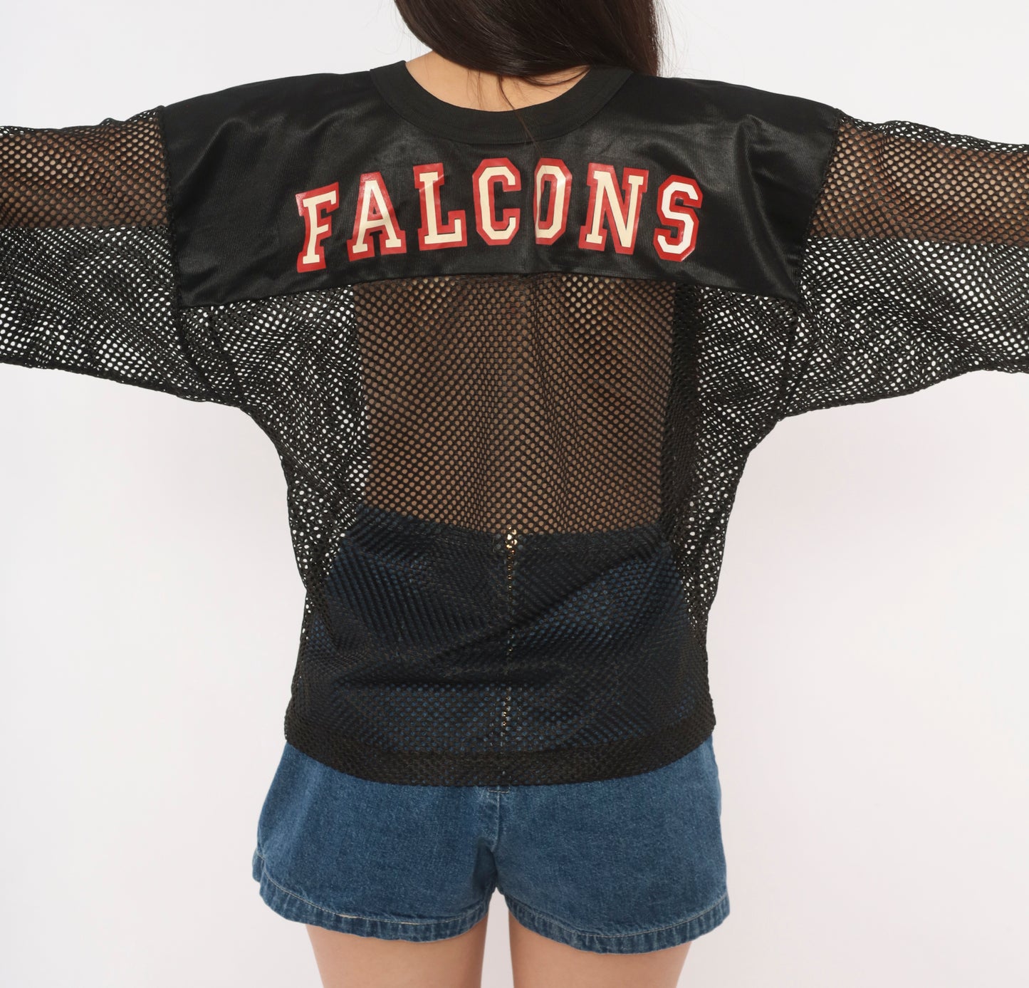 Atlanta Falcons Mesh Jersey 90s NFL Football V Neck Black Sheer Practice Top Cream Red Logo Streetwear Athletic Vintage Sport Shirt Medium M