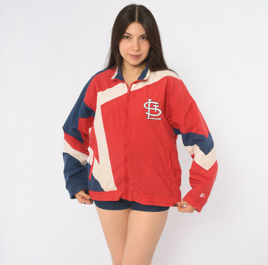 90s Starter St Louis Cardinals Windbreaker Red Navy Cream Color Block Zip Front MLB Baseball Jacket Embroidered Logo Sporty Track Coat Long Sleeve Vintage Small S