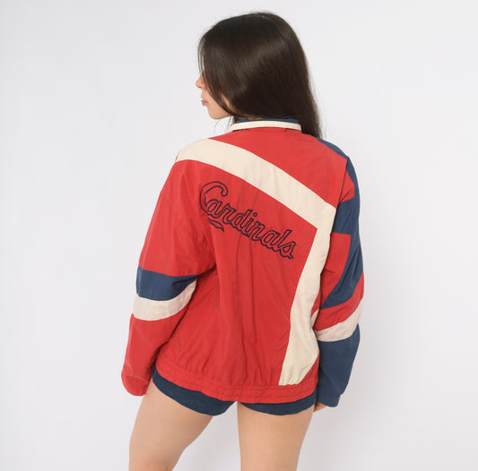 90s Starter St Louis Cardinals Windbreaker Red Navy Cream Color Block Zip Front MLB Baseball Jacket Embroidered Logo Sporty Track Coat Long Sleeve Vintage Small S