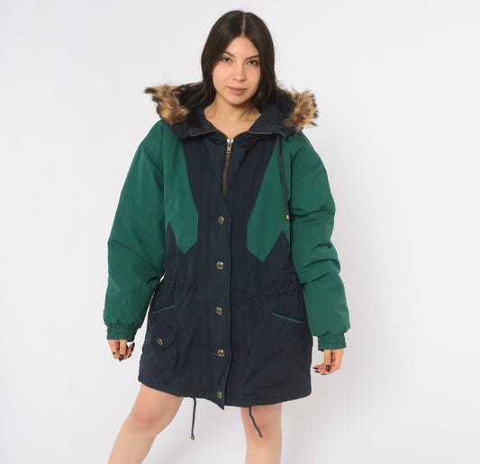 90s Mulberry Street Parka Teal Green Navy Color Block Hooded Coat Fur Trim Zip Snap Front Drawstring Waist Cotton Puffer Winter Jacket Patch Pocket Gorpcore Medium M