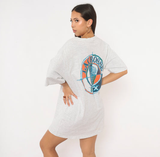 90s Lacrosse Graphic Tee STX Grey Heather Cotton T Shirt Blue Orange Logo Short Sleeve Crew Neck Boxy Fit Sports Preppy Collegiate Athletic Unisex Vintage Extra Large XL