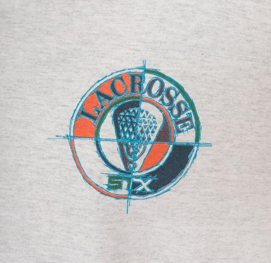 90s Lacrosse Graphic Tee STX Grey Heather Cotton T Shirt Blue Orange Logo Short Sleeve Crew Neck Boxy Fit Sports Preppy Collegiate Athletic Unisex Vintage Extra Large XL