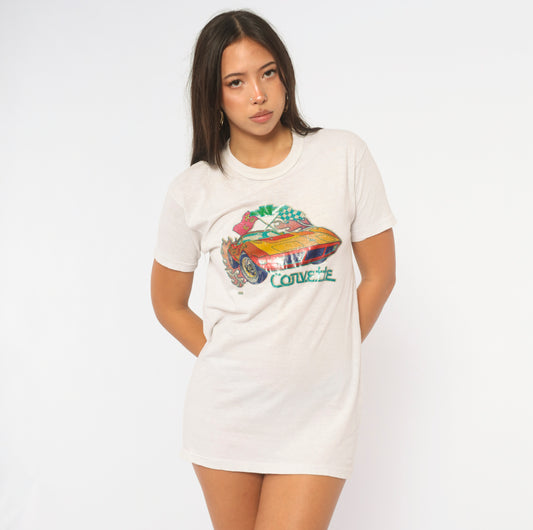 Corvette Glitter Graphic Tee 80s White Cotton Sports Car Print Red Teal Crew Neck Short Sleeve Healthknit Racing Flag Novelty Automotive Top Vintage Medium M