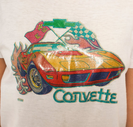 Corvette Glitter Graphic Tee 80s White Cotton Sports Car Print Red Teal Crew Neck Short Sleeve Healthknit Racing Flag Novelty Automotive Top Vintage Medium M