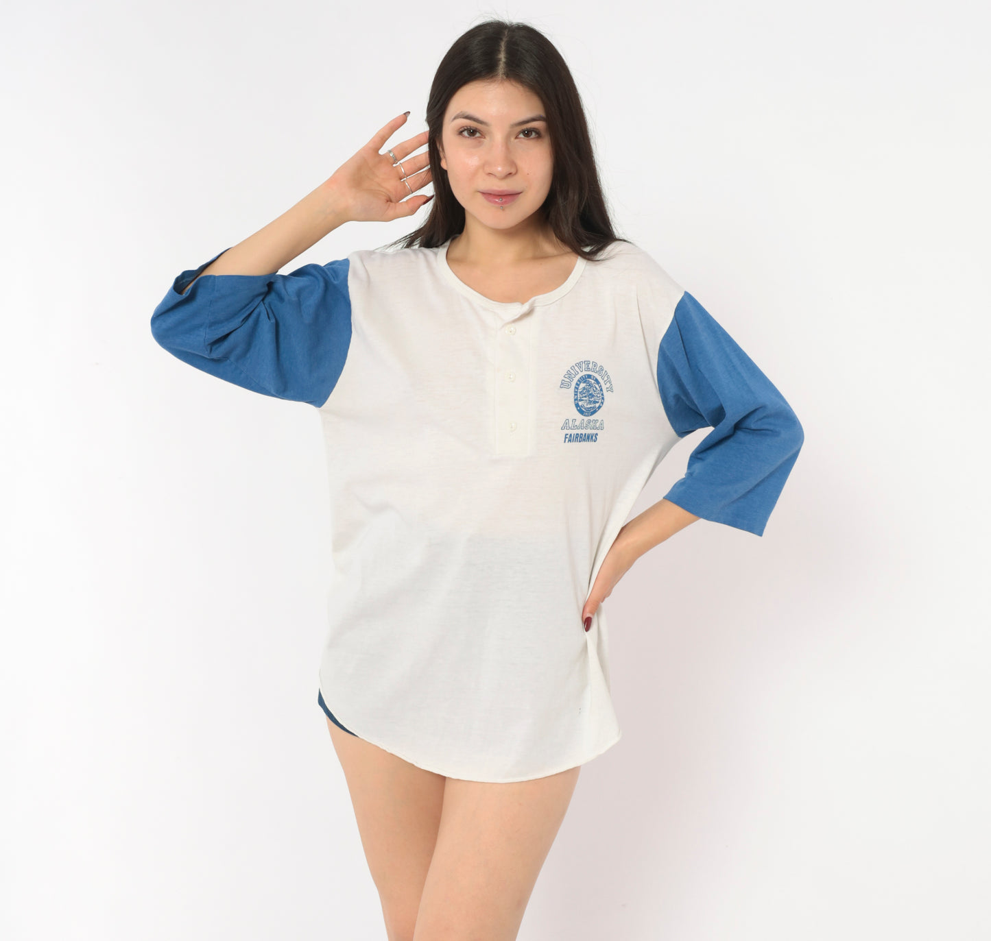 80s University Alaska Fairbanks Henley Baseball Tee Blue White Cotton College Raglan Three Quarter Sleeve Collegiate Graphic Ivory Cream Shirt Vintage Large L