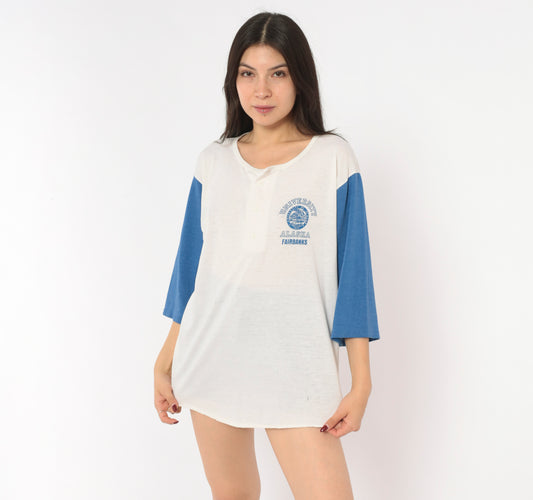 80s University Alaska Fairbanks Henley Baseball Tee Blue White Cotton College Raglan Three Quarter Sleeve Collegiate Graphic Ivory Cream Shirt Vintage Large L