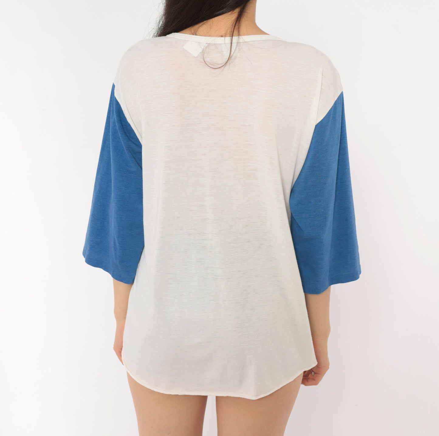 80s University Alaska Fairbanks Henley Baseball Tee Blue White Cotton College Raglan Three Quarter Sleeve Collegiate Graphic Ivory Cream Shirt Vintage Large L