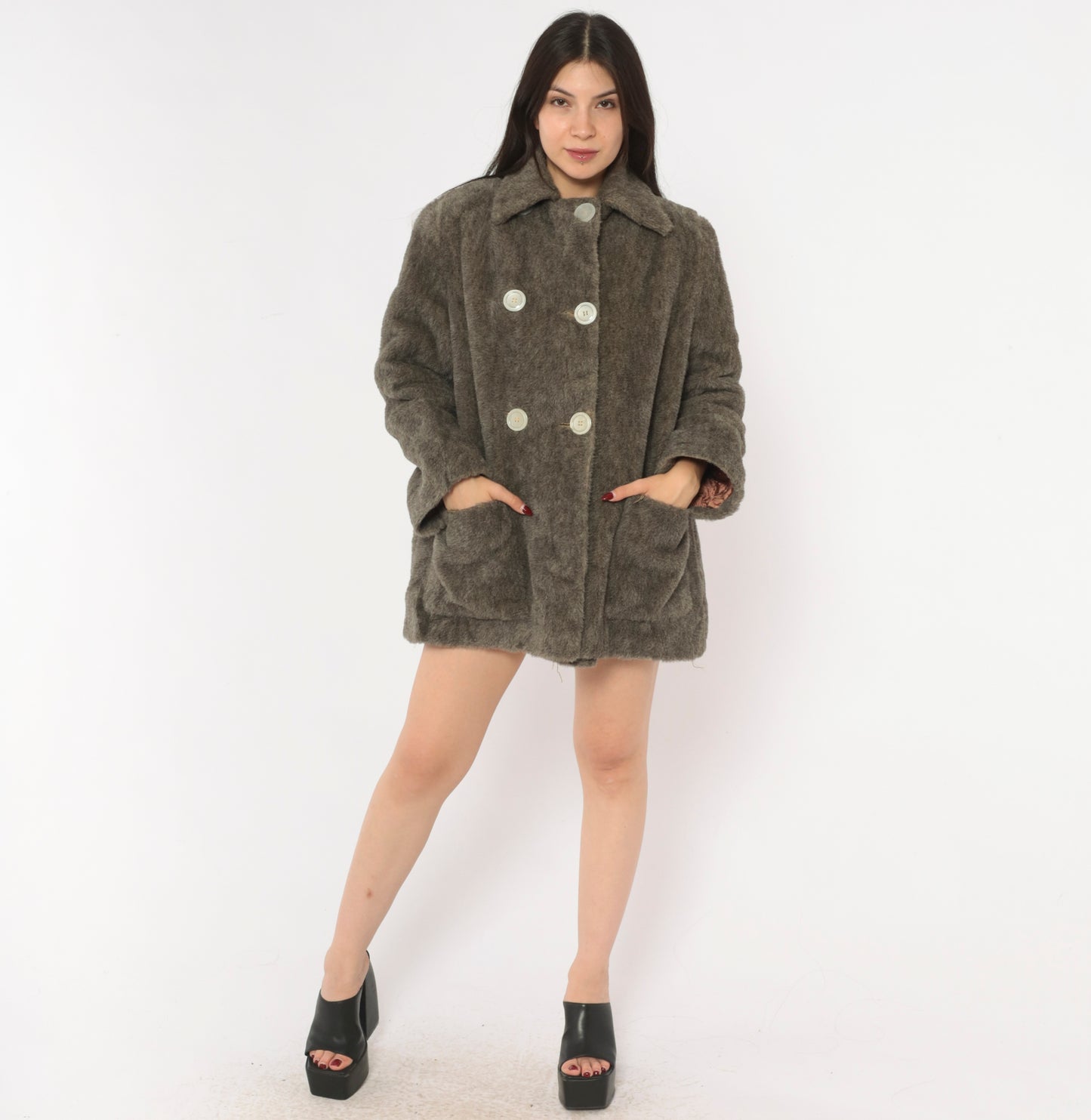 70s Faux Fur Coat Grey Double Breasted Jacket Quilted Lining Belted Back Peacoat Ash Charcoal Fuzzy Winter Outerwear Mob Wife Warm Button Front Vintage Small Medium S M