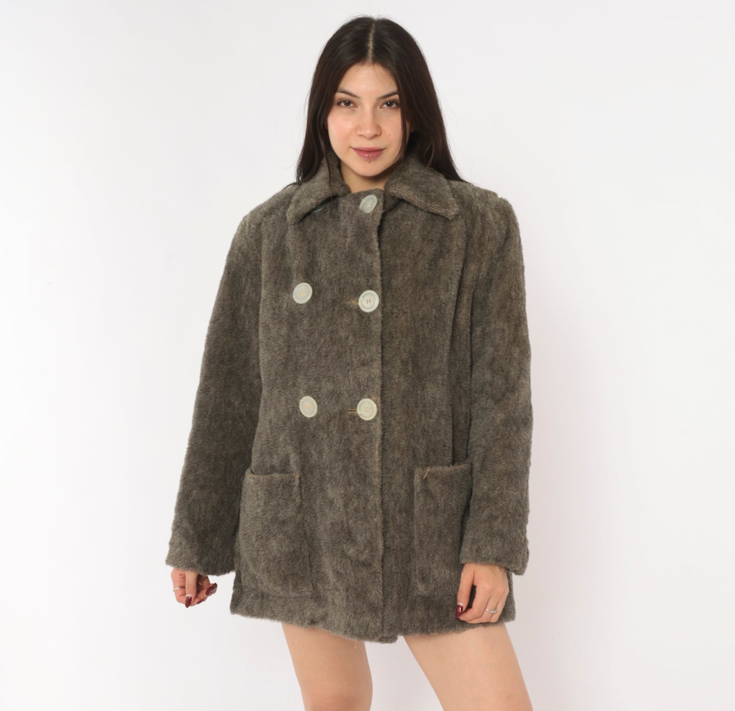 70s Faux Fur Coat Grey Double Breasted Jacket Quilted Lining Belted Back Peacoat Ash Charcoal Fuzzy Winter Outerwear Mob Wife Warm Button Front Vintage Small Medium S M