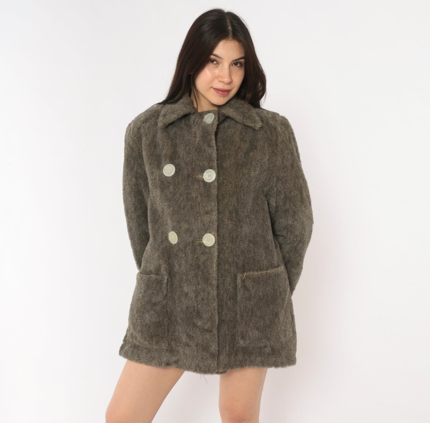 70s Faux Fur Coat Grey Double Breasted Jacket Quilted Lining Belted Back Peacoat Ash Charcoal Fuzzy Winter Outerwear Mob Wife Warm Button Front Vintage Small Medium S M