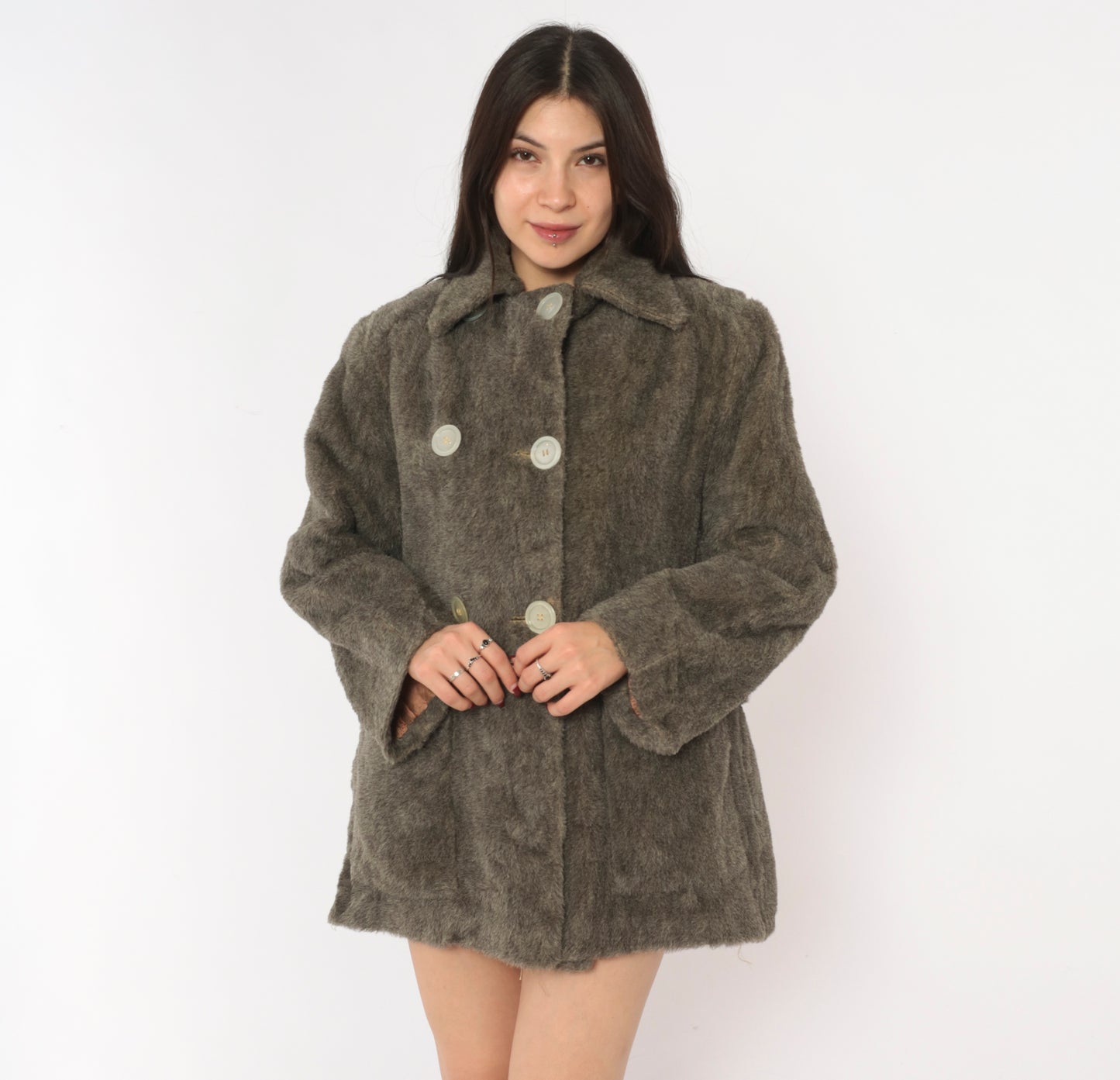 70s Faux Fur Coat Grey Double Breasted Jacket Quilted Lining Belted Back Peacoat Ash Charcoal Fuzzy Winter Outerwear Mob Wife Warm Button Front Vintage Small Medium S M