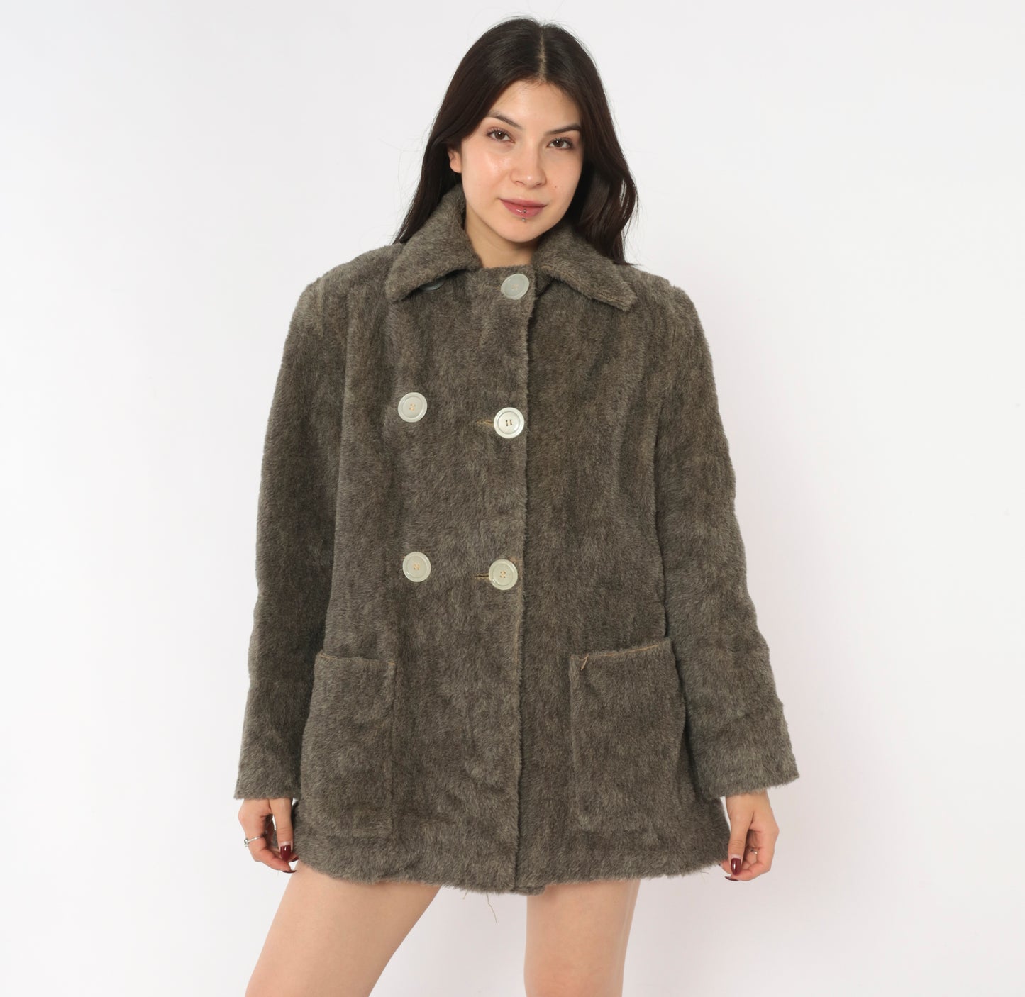 70s Faux Fur Coat Grey Double Breasted Jacket Quilted Lining Belted Back Peacoat Ash Charcoal Fuzzy Winter Outerwear Mob Wife Warm Button Front Vintage Small Medium S M