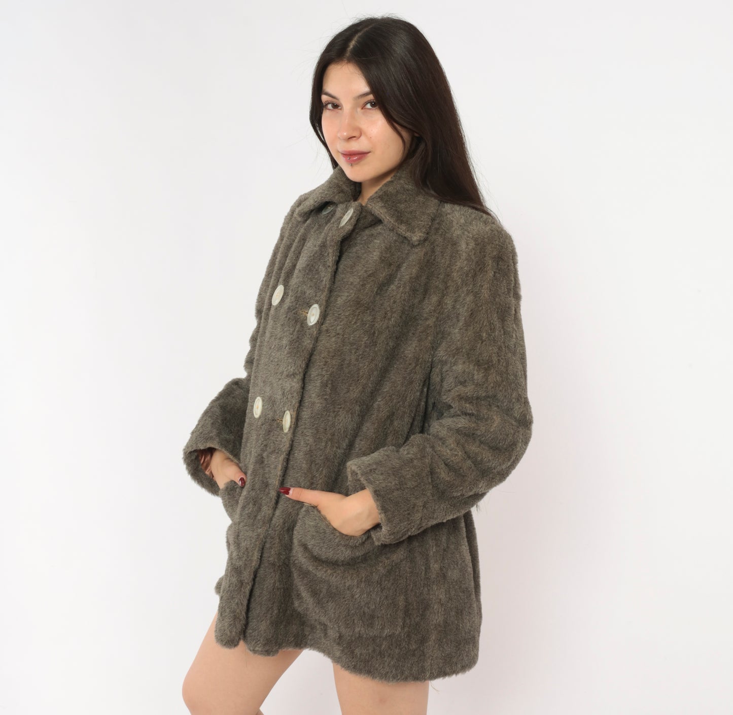 70s Faux Fur Coat Grey Double Breasted Jacket Quilted Lining Belted Back Peacoat Ash Charcoal Fuzzy Winter Outerwear Mob Wife Warm Button Front Vintage Small Medium S M