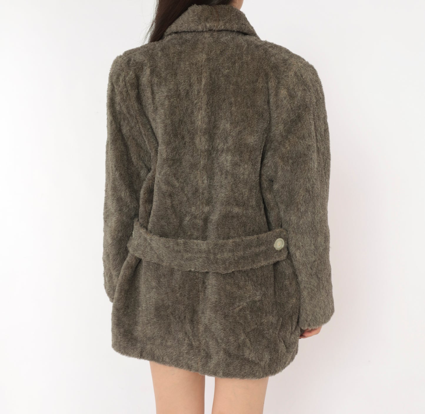 70s Faux Fur Coat Grey Double Breasted Jacket Quilted Lining Belted Back Peacoat Ash Charcoal Fuzzy Winter Outerwear Mob Wife Warm Button Front Vintage Small Medium S M