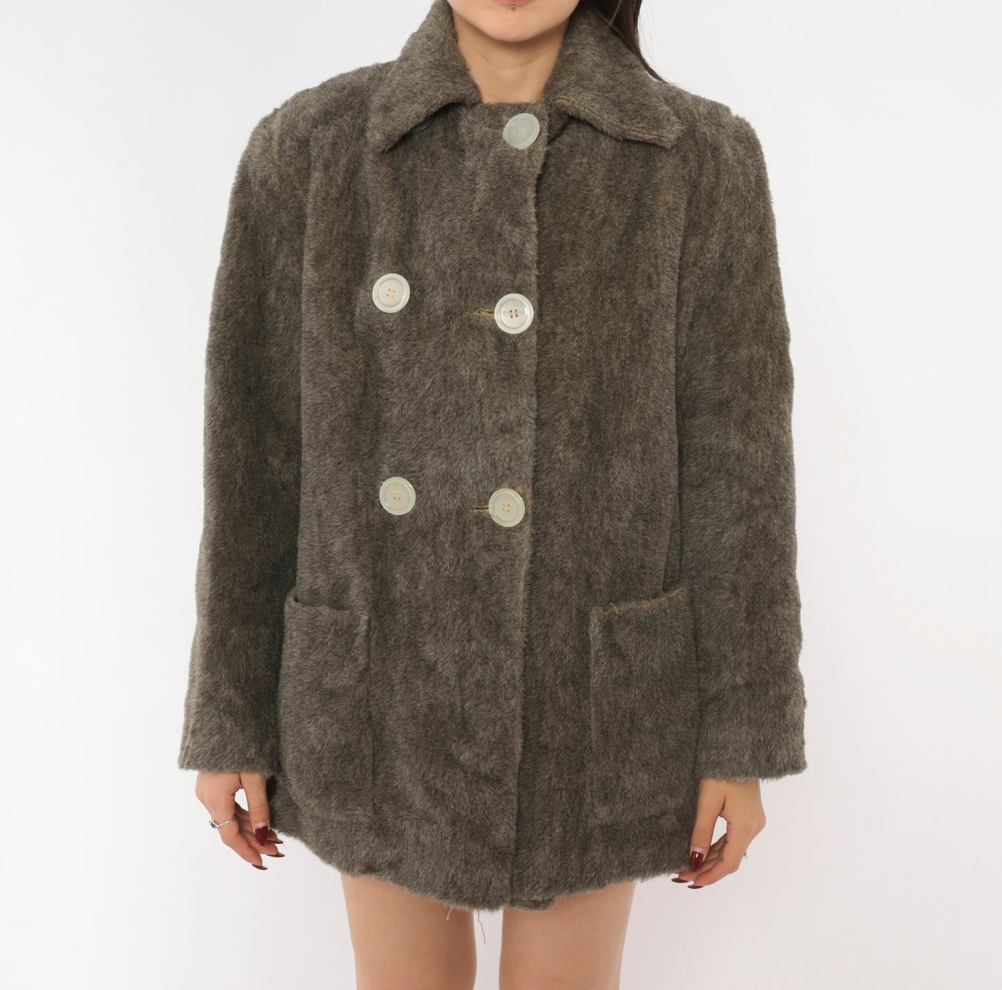 70s Faux Fur Coat Grey Double Breasted Jacket Quilted Lining Belted Back Peacoat Ash Charcoal Fuzzy Winter Outerwear Mob Wife Warm Button Front Vintage Small Medium S M