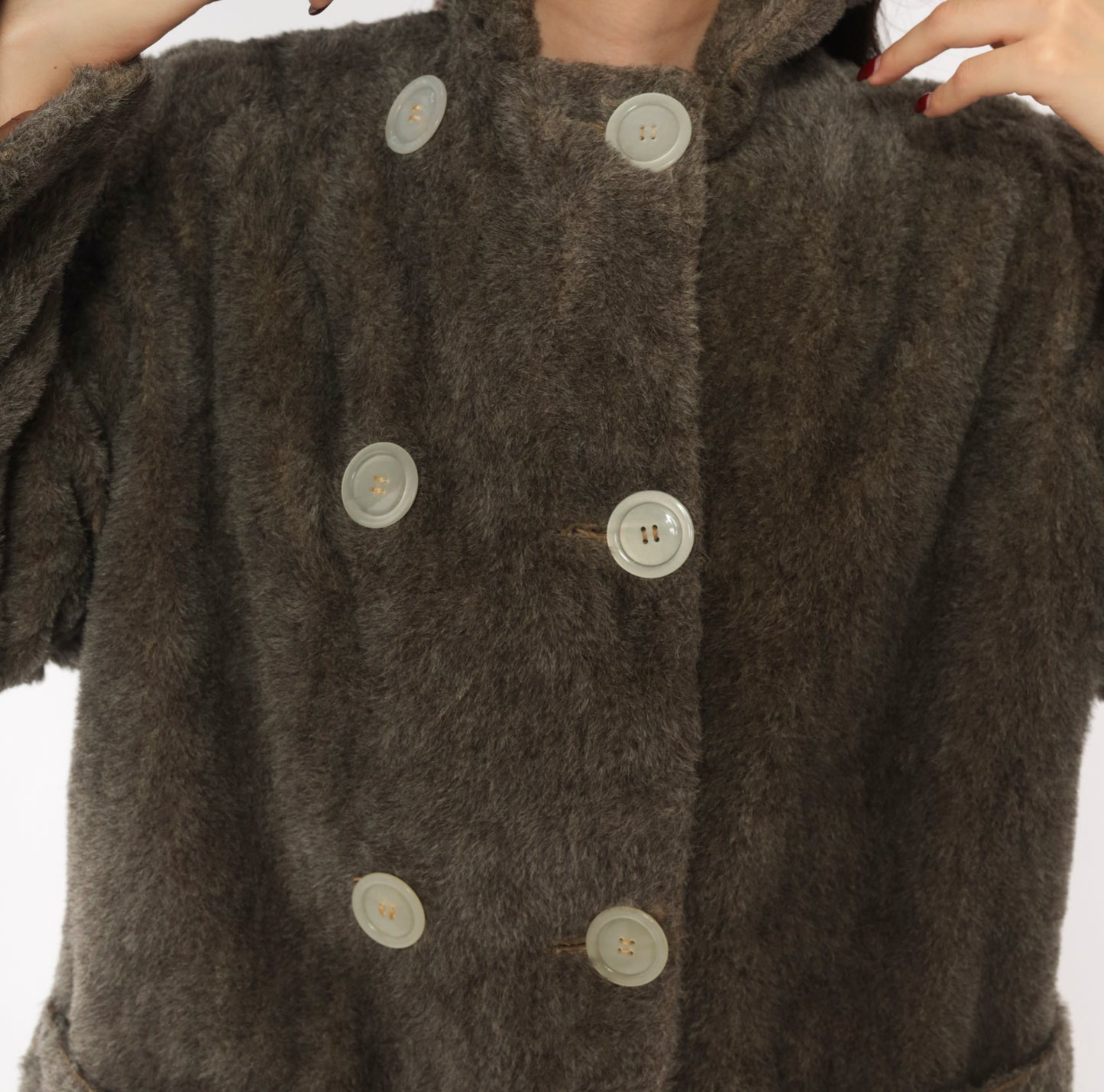 70s Faux Fur Coat Grey Double Breasted Jacket Quilted Lining Belted Back Peacoat Ash Charcoal Fuzzy Winter Outerwear Mob Wife Warm Button Front Vintage Small Medium S M