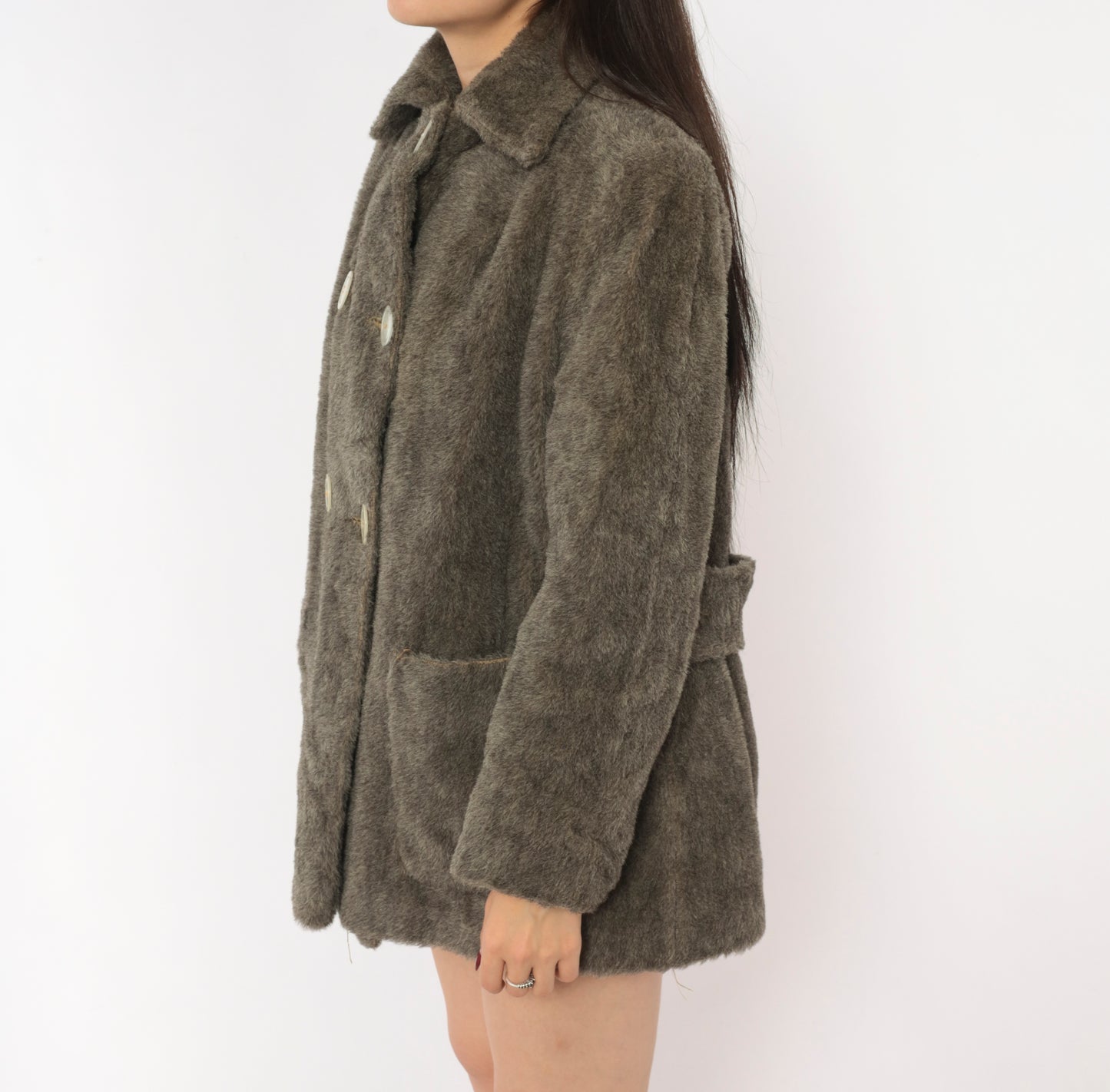 70s Faux Fur Coat Grey Double Breasted Jacket Quilted Lining Belted Back Peacoat Ash Charcoal Fuzzy Winter Outerwear Mob Wife Warm Button Front Vintage Small Medium S M