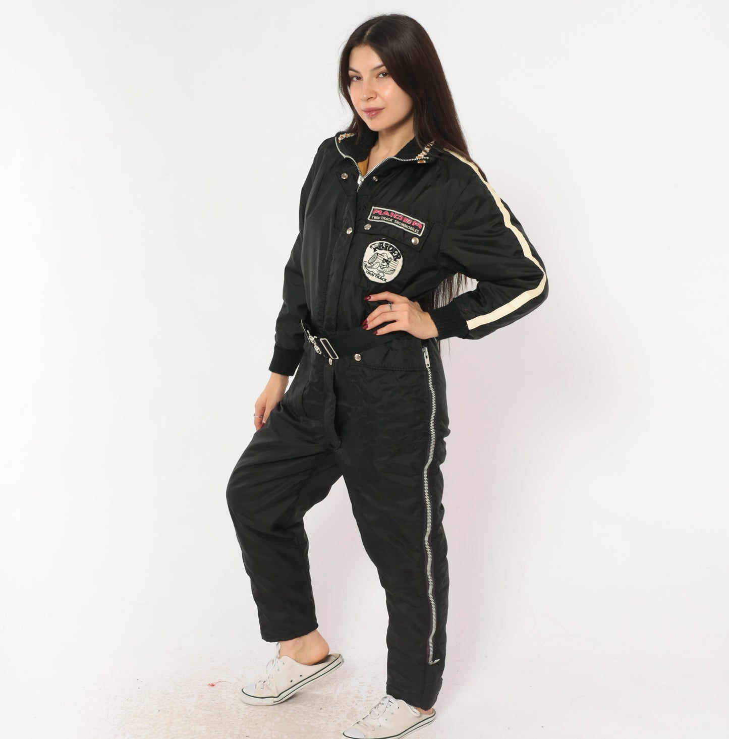 70s Stearns Snowmobile Suit Raider Twin Track Patches Black One Piece Jumpsuit Belted Coverall Racing Stripe Patch Logo Winter Snow Utility Workwear Moto Vintage Extra Small XS