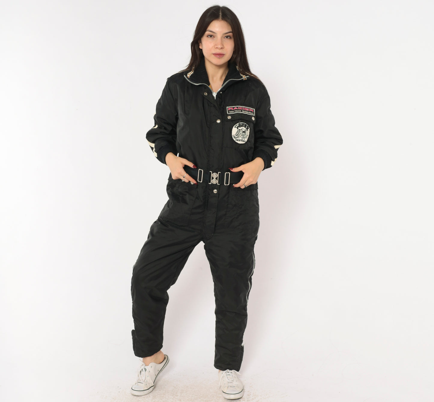 70s Stearns Snowmobile Suit Raider Twin Track Patches Black One Piece Jumpsuit Belted Coverall Racing Stripe Patch Logo Winter Snow Utility Workwear Moto Vintage Extra Small XS