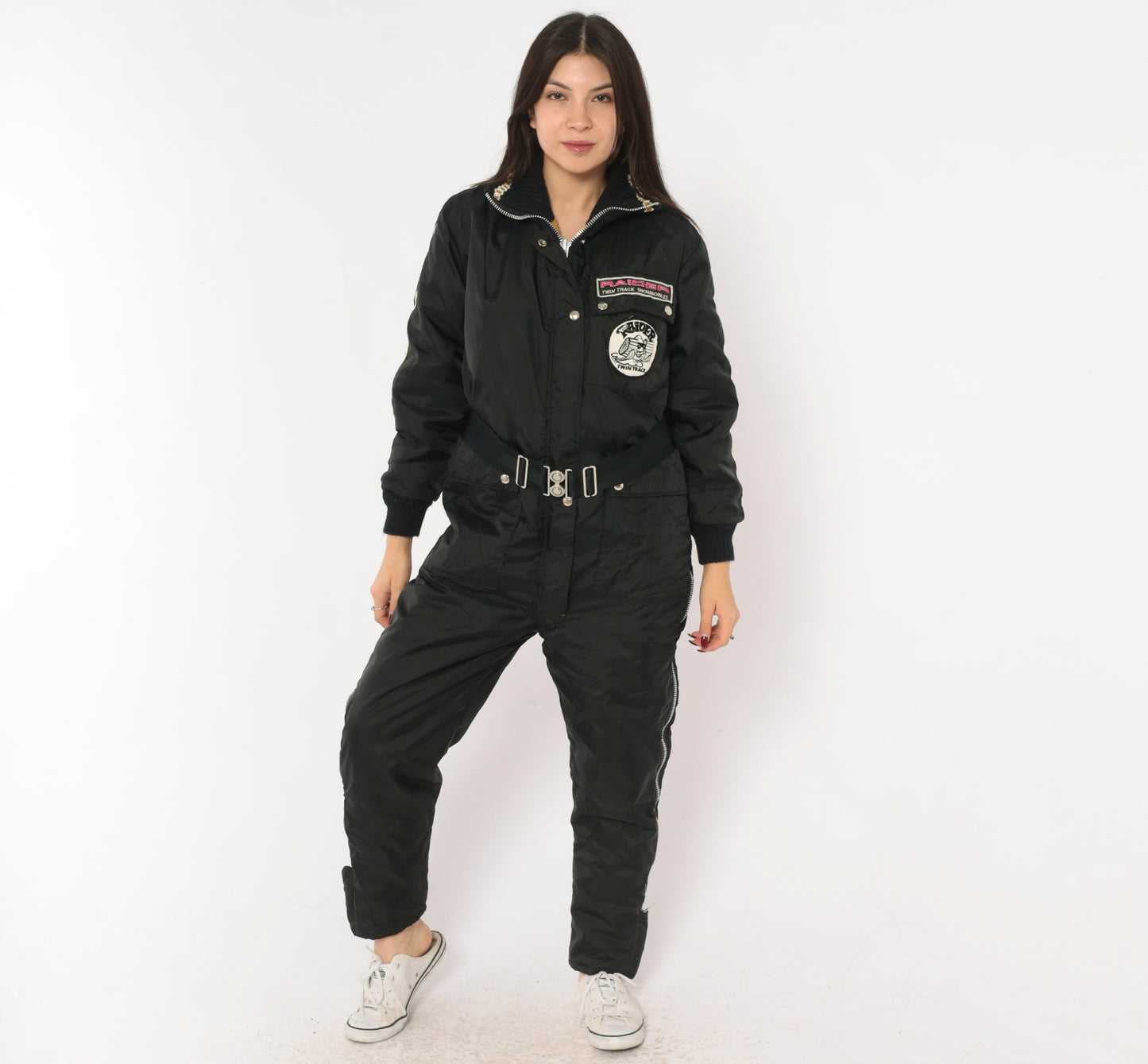 70s Stearns Snowmobile Suit Raider Twin Track Patches Black One Piece Jumpsuit Belted Coverall Racing Stripe Patch Logo Winter Snow Utility Workwear Moto Vintage Extra Small XS