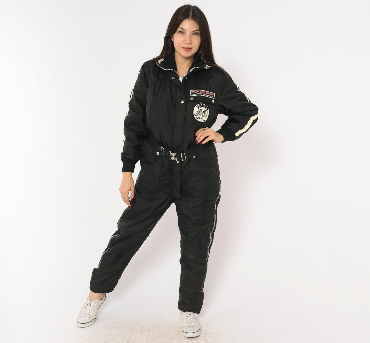 70s Stearns Snowmobile Suit Raider Twin Track Patches Black One Piece Jumpsuit Belted Coverall Racing Stripe Patch Logo Winter Snow Utility Workwear Moto Vintage Extra Small XS