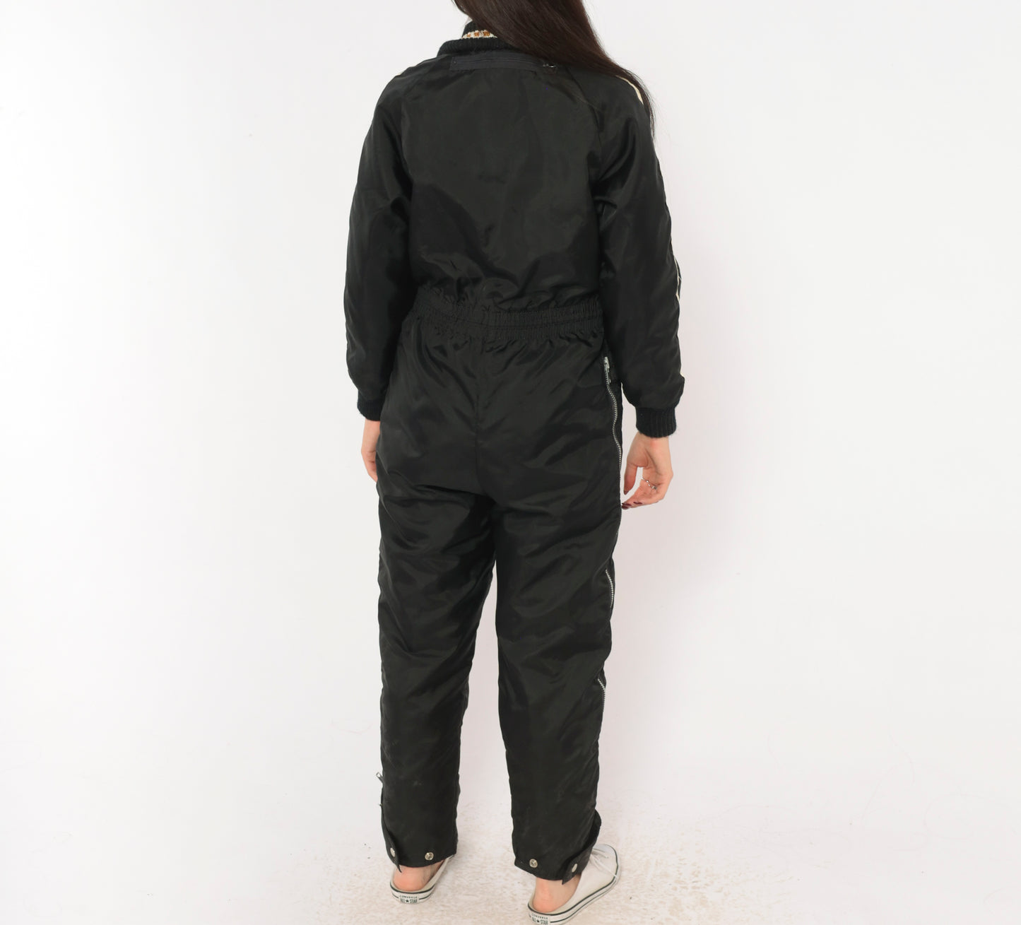 70s Stearns Snowmobile Suit Raider Twin Track Patches Black One Piece Jumpsuit Belted Coverall Racing Stripe Patch Logo Winter Snow Utility Workwear Moto Vintage Extra Small XS