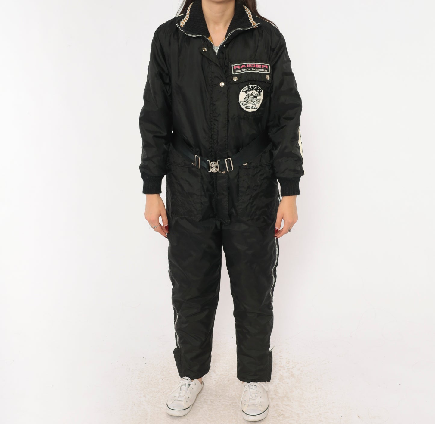 70s Stearns Snowmobile Suit Raider Twin Track Patches Black One Piece Jumpsuit Belted Coverall Racing Stripe Patch Logo Winter Snow Utility Workwear Moto Vintage Extra Small XS