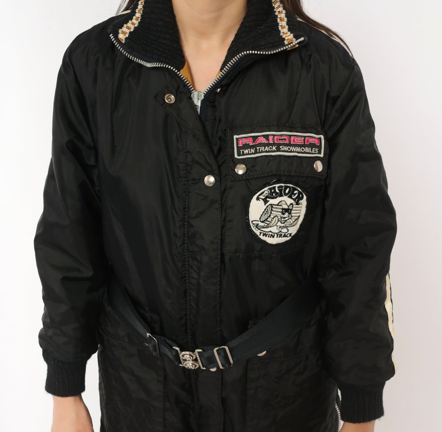 70s Stearns Snowmobile Suit Raider Twin Track Patches Black One Piece Jumpsuit Belted Coverall Racing Stripe Patch Logo Winter Snow Utility Workwear Moto Vintage Extra Small XS
