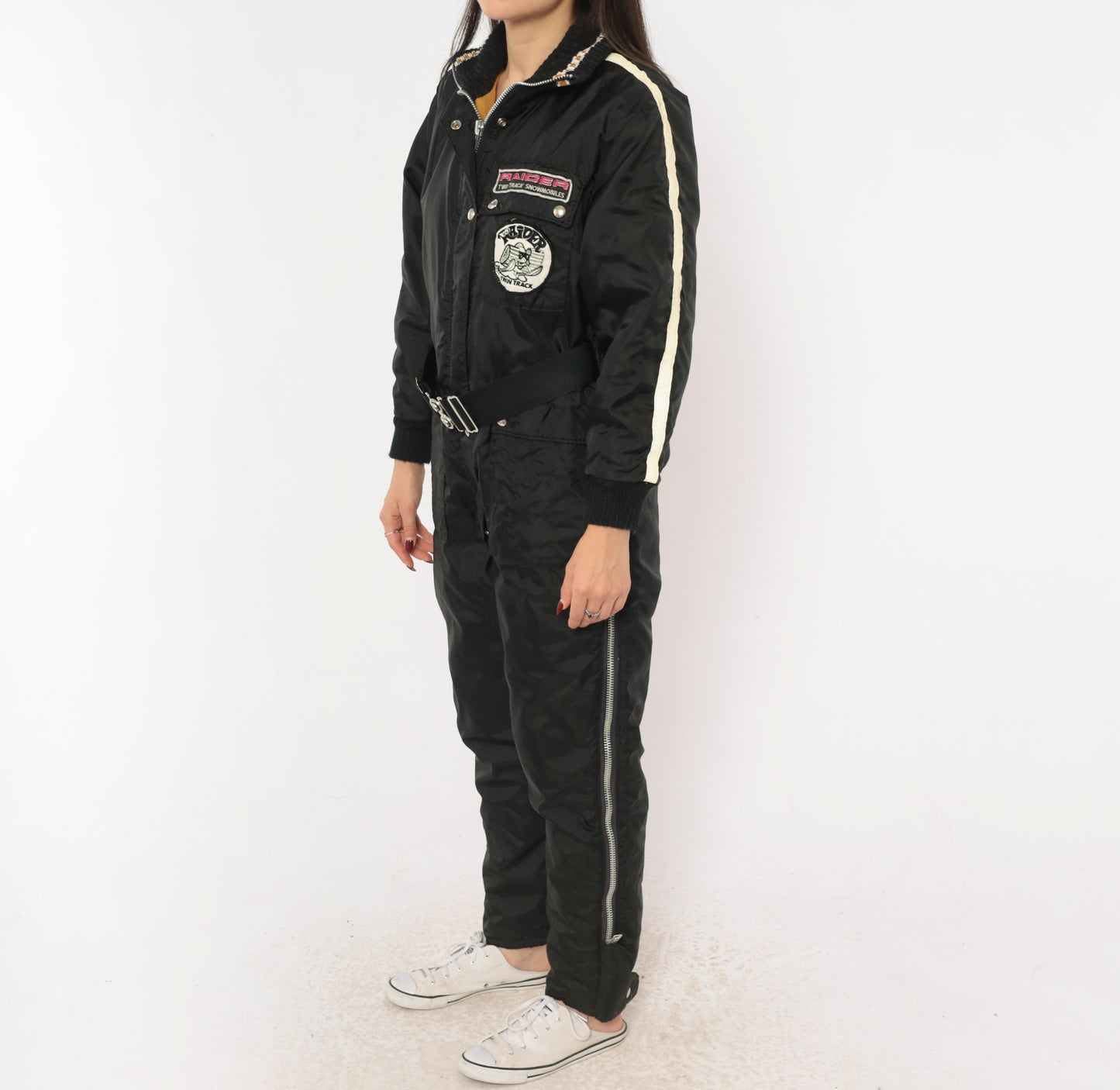 70s Stearns Snowmobile Suit Raider Twin Track Patches Black One Piece Jumpsuit Belted Coverall Racing Stripe Patch Logo Winter Snow Utility Workwear Moto Vintage Extra Small XS
