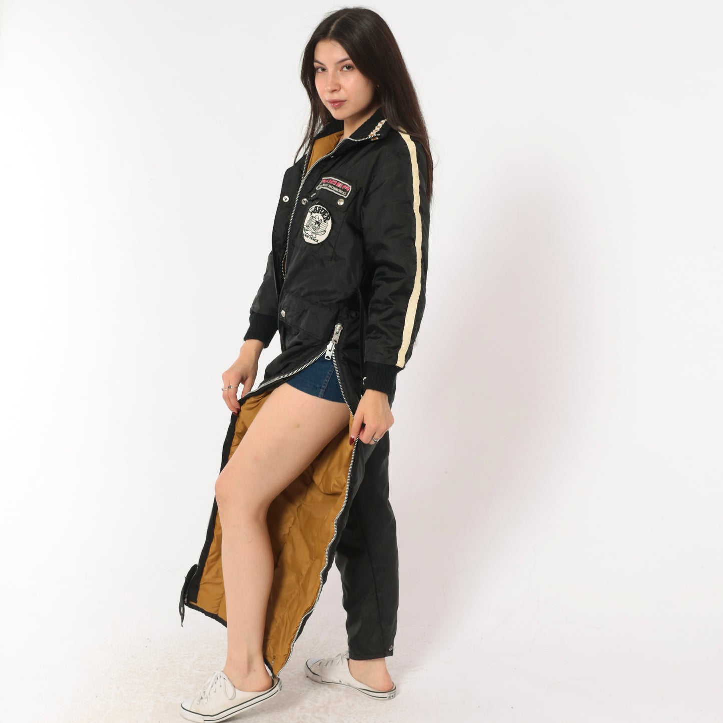 70s Stearns Snowmobile Suit Raider Twin Track Patches Black One Piece Jumpsuit Belted Coverall Racing Stripe Patch Logo Winter Snow Utility Workwear Moto Vintage Extra Small XS