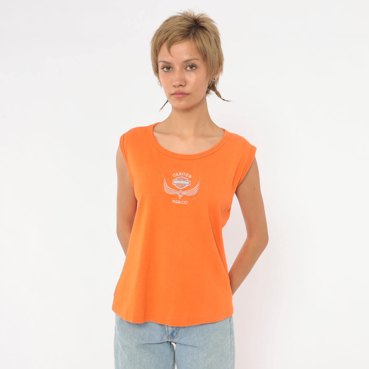 Y2K Harley Davidson Tank Top Orange Cancun Mexico Embroidered Logo Large L